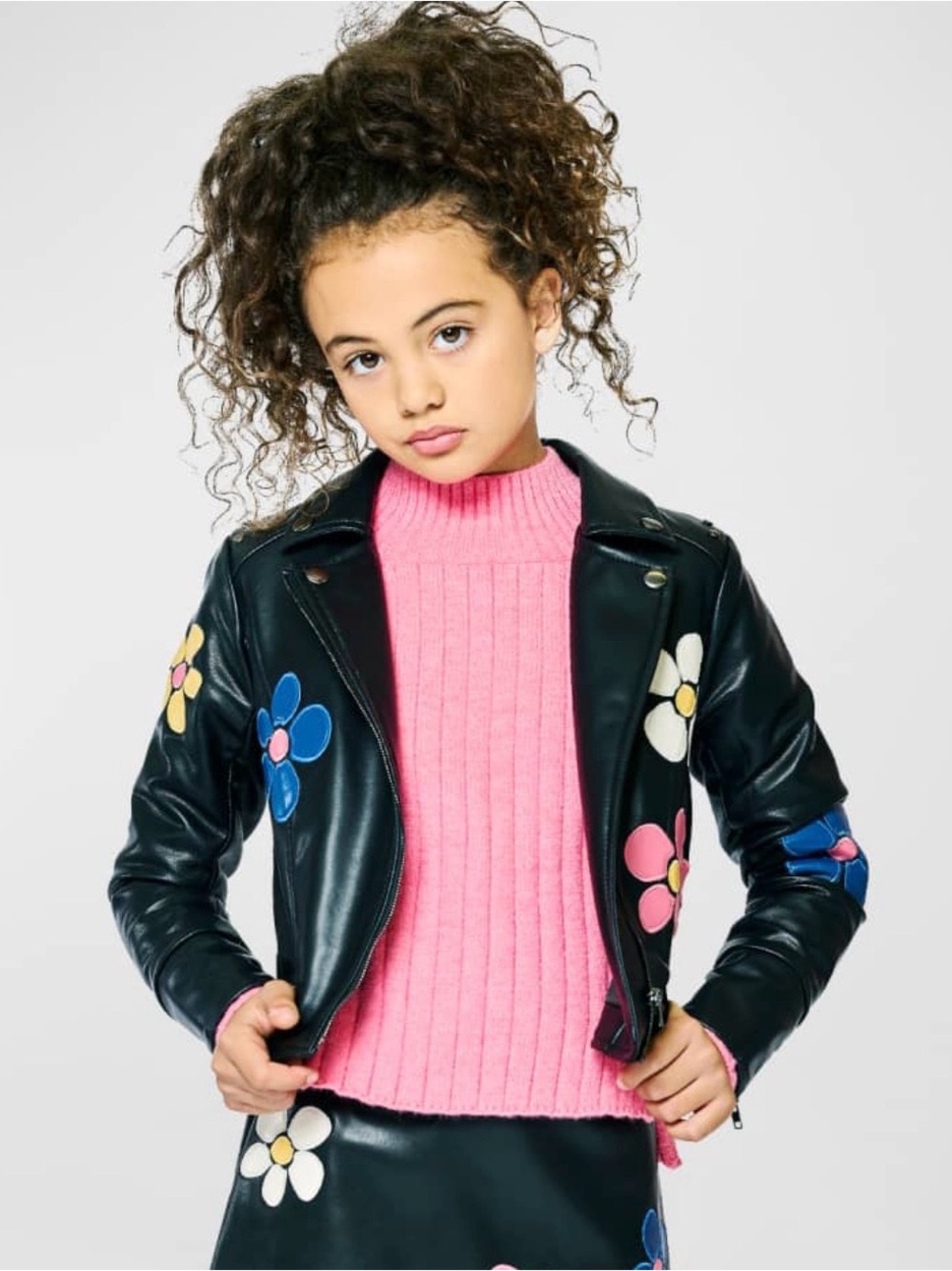 Hannah Banana Black Faux Leather Jacket with Floral Appliqués Girl Size 16 NWT